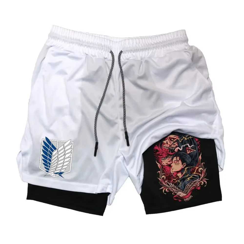Japanese Anime Attack on Titan Print Double Layer 2-in-1 Shorts Mens Workout Training Gym Sports Pockets Quick-Drying Shorts M260318