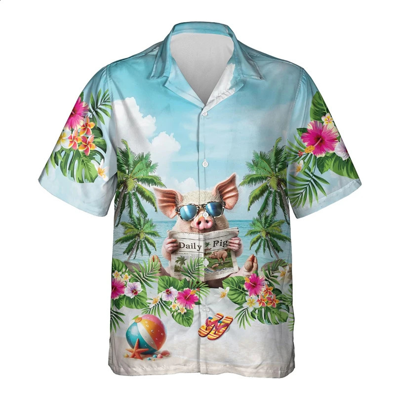 Funny Animal Pig 3D Printed Beach Shirt Cute Pet Graphic Shirts For Men Clothes Casual Hawaiian Surfing Short Sleeve Boy Blouses 260318