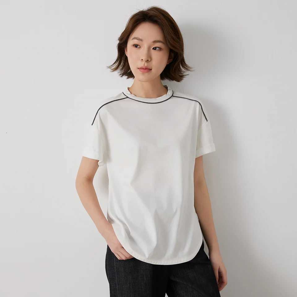 KL7513242 Womens Light Luxury High-Quality Cotton Blend T-Shirt with Contrasting Chain Detail Pullover StyleT260317