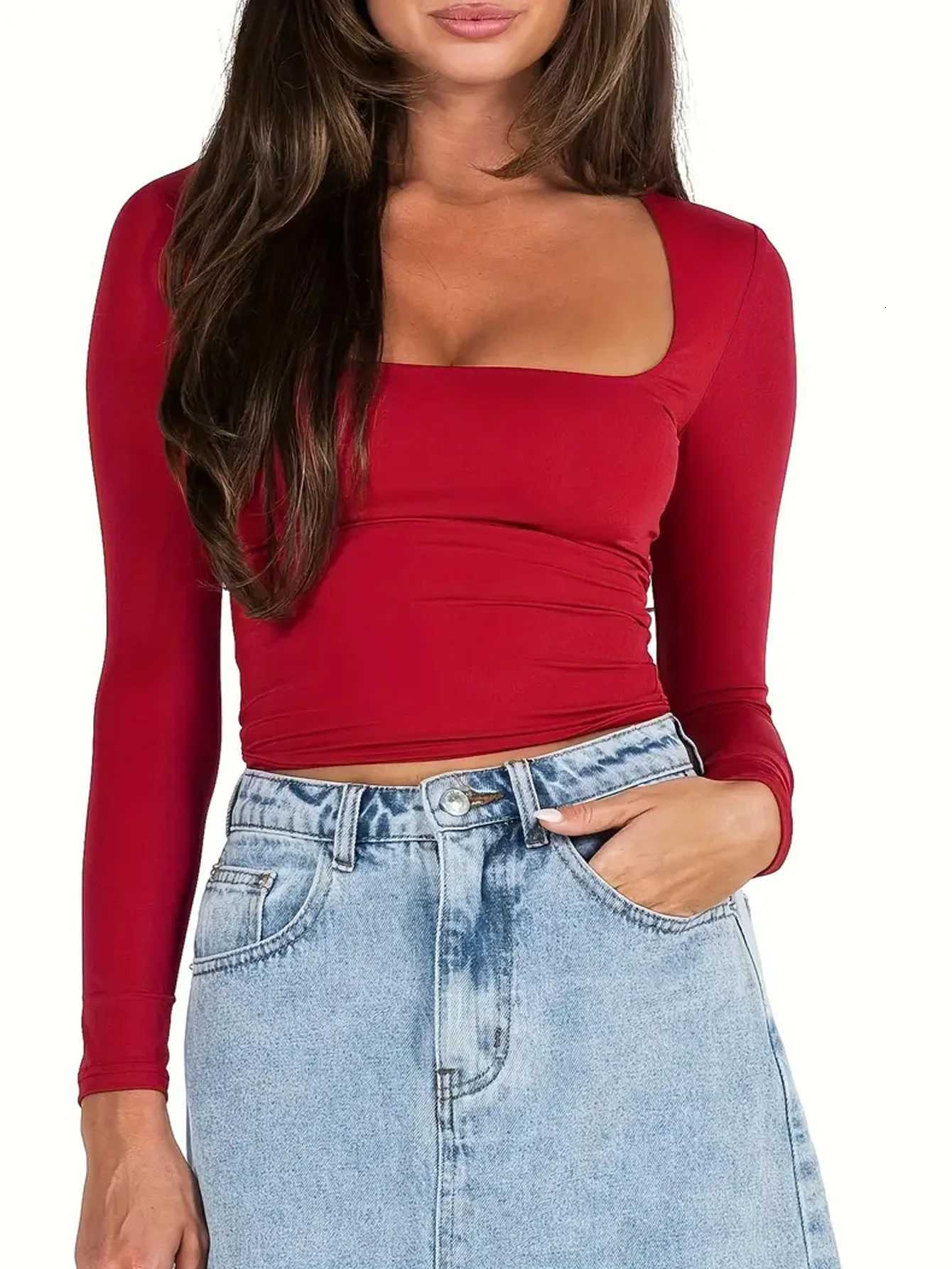 Womens Slim Fit Crop Tops Long Sleeve Square Neck Solid Color T-Shirt Dressy BlousesT260317