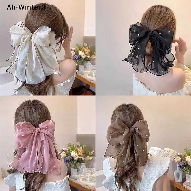 Fashion Ribbon Pearl Bow Hair Clips For Women Elegant Chiffon Bowknot Ponytail Clip Pin Bows Barrette Sweet Headwear Accessories H260319