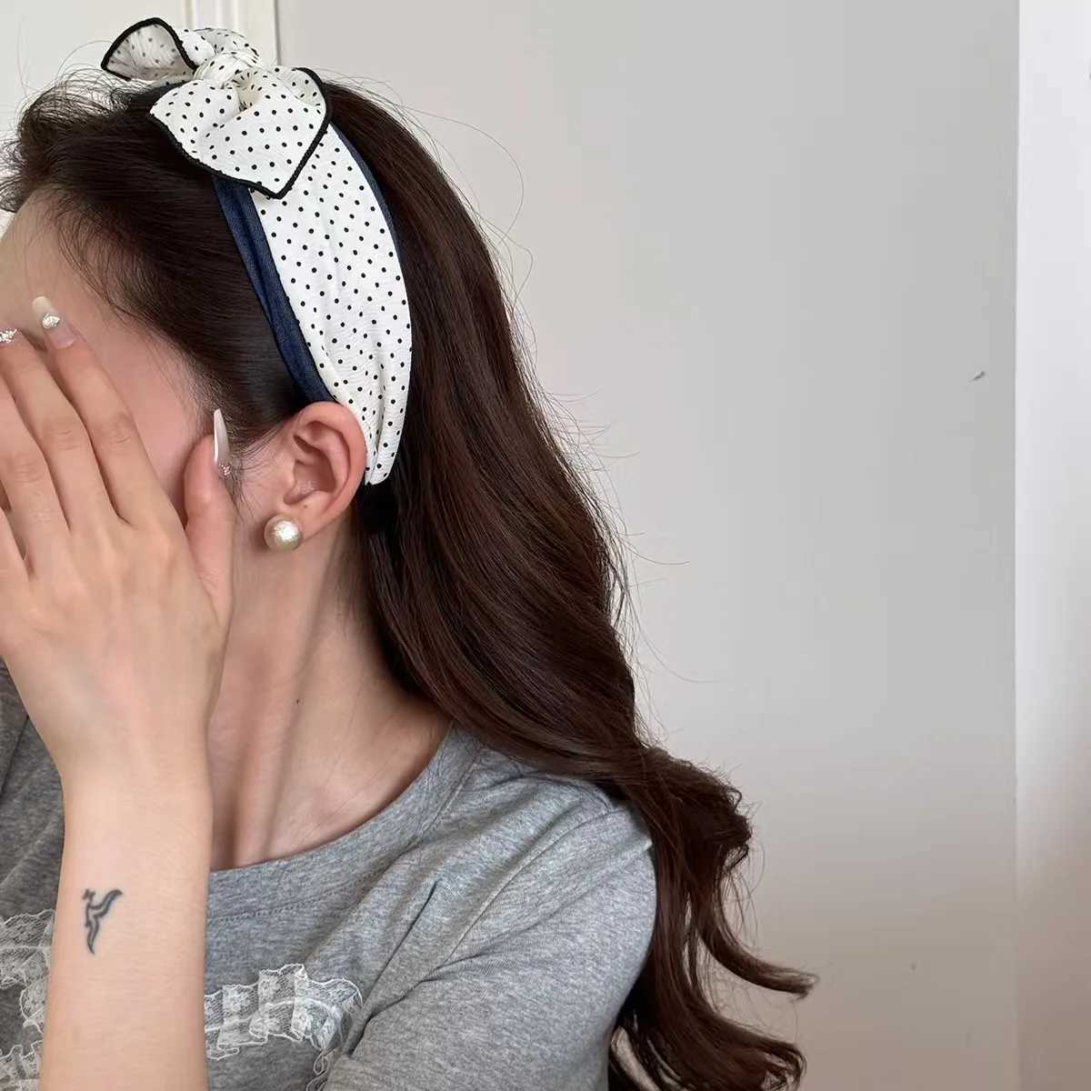 1pc Korean new polka dot denim bow wide edge headband collision sweet headband compression hair hairpin for women H260319