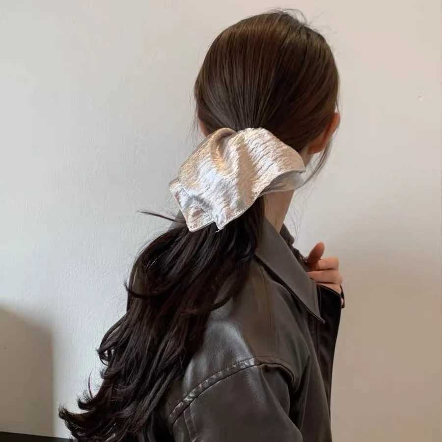 1PC Shiny Silver Textured Hair Scrunchie Elegant Large Hair Tie Stylish Hair Accessory For Women Daily And Party Use H260319