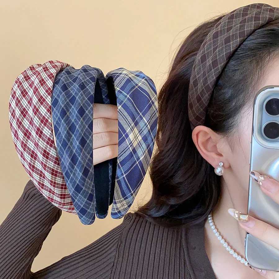 Vintage Checkered Fabric Flannel Headbands for Women Simple Wide Design Hair Hoop Casual Daily Hair Accessories Christmas M H260319