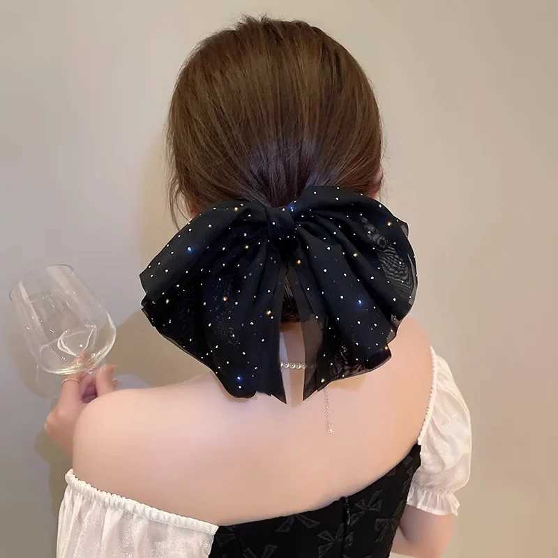 Elegant Temperament Mesh Hair Clip for Woman Rhinestone Large Bow Hairpin Fashion Girl Duckbill Clip H260319