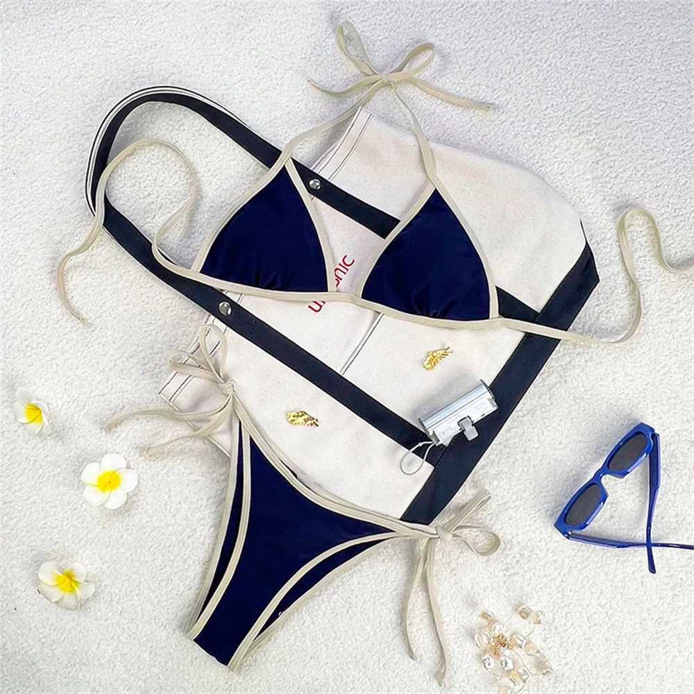 Vintage Blue Bikinis Set Triangle Border String Swimsuit Push Up Swimwear Backless Extrem Bikini Women Beach Outfit Bathing SuitT260318