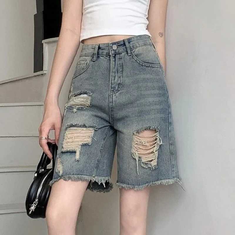 Summer Girls High Waist Baggy Cropped Jeans New Raw Edge Female Denim Pants Lady Chic Ripped Solid Denim Shorts M260319