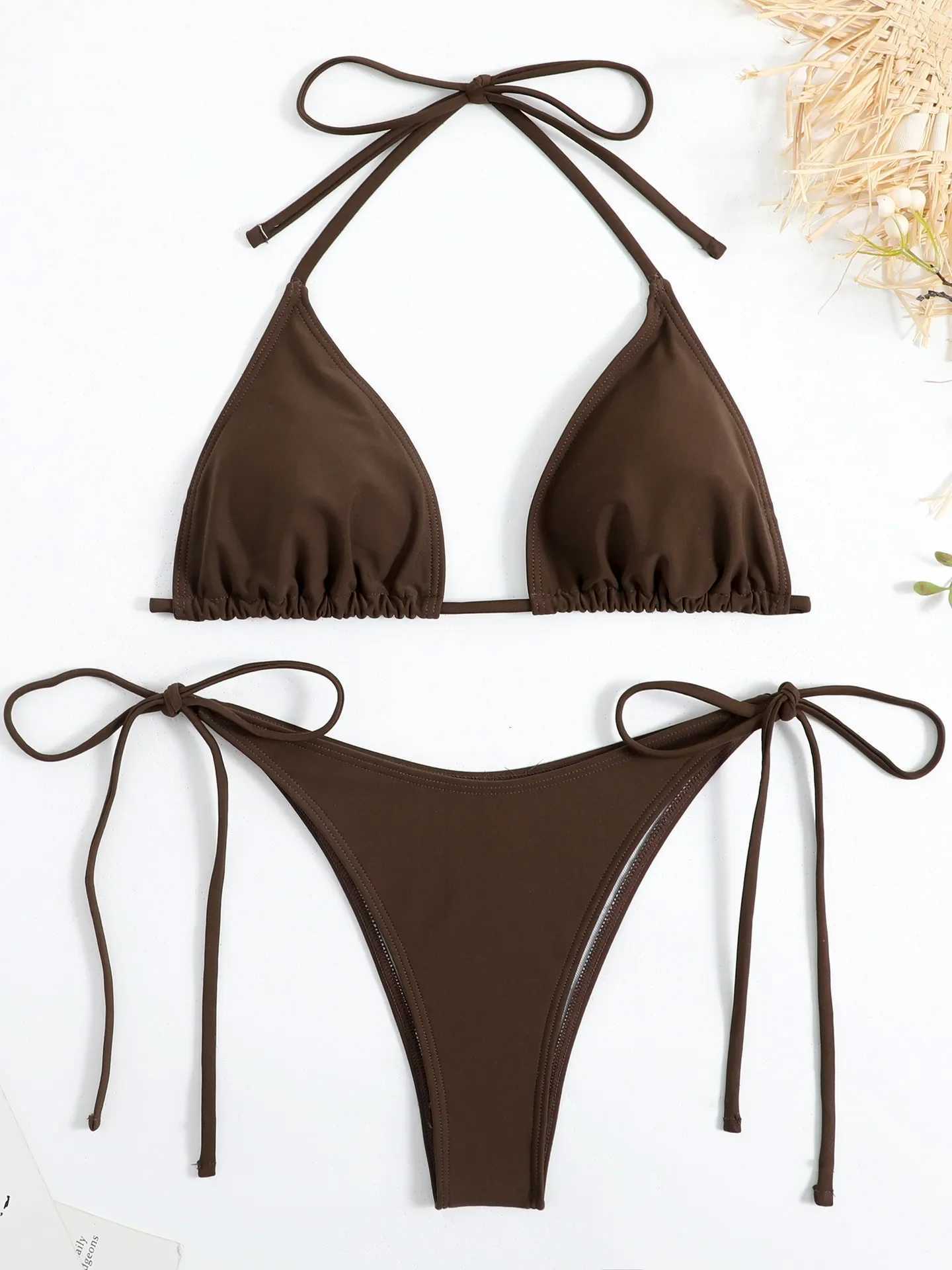 Sexy Brown Bikini 2025 Women Solid Red Halter Push Up Bra Tie Side Triangle Swimsuit Summer Bathing Suit Lace Up Micro SwimwearT260318