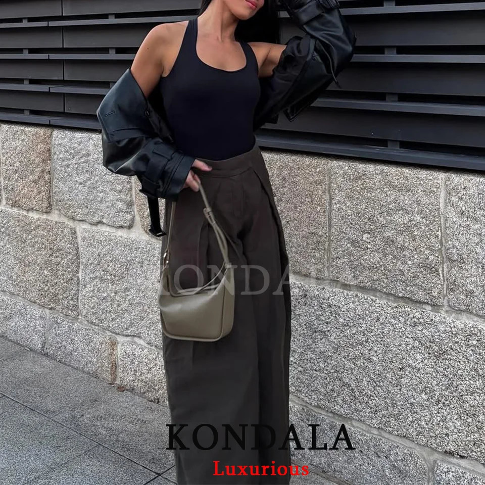 KONDALA Casual Chic Wide Leg Pants Women Office Lady Pockets Pleated Long Trousers Fashion 2026 Spring Summer Streetwear Pants 260317