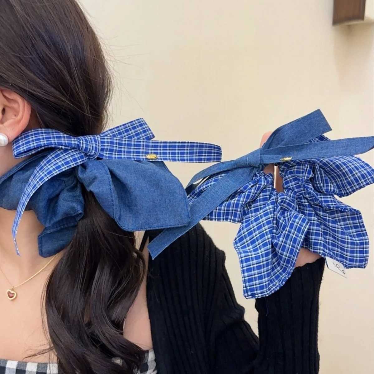 Korean Blue Denim Style Big Bowknot Scrunchies For Women Irregular Edge Ponytail Holder Hair Bands Y2K Girls Hair Accessories H260319