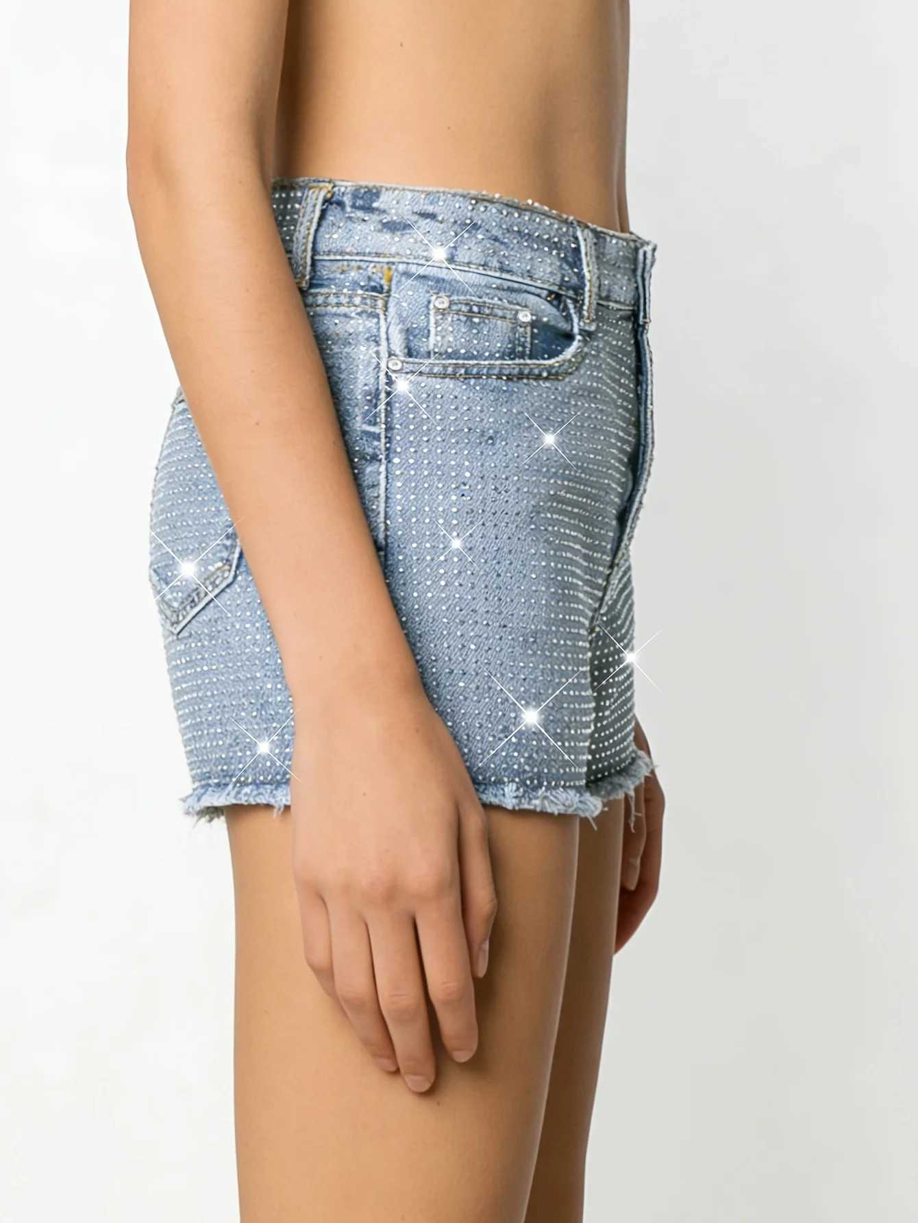 Shorts Female Jeans Women Jeans Shorts Distressed Denim Blue Stretch Elegant Fashion Crystal Embellished M260319
