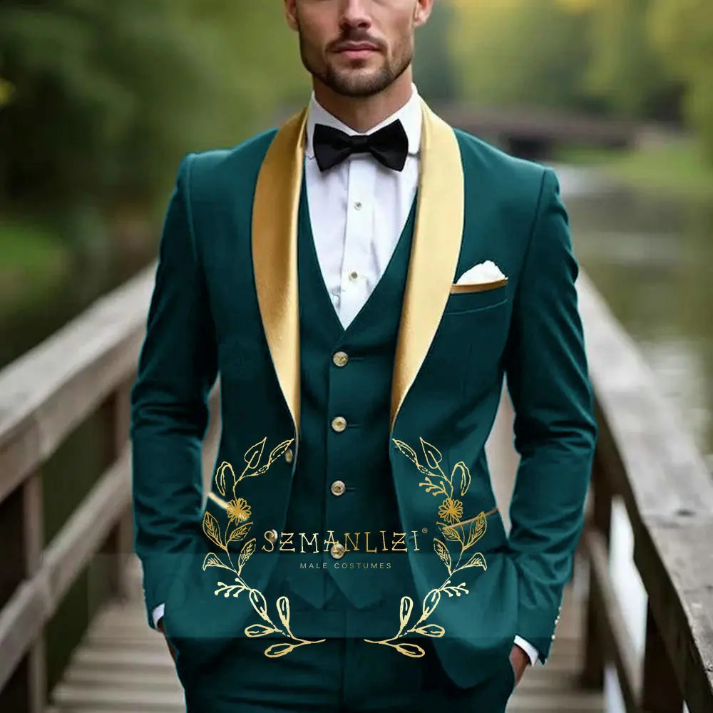 Oil Green Men Suit Business Tuxedo Formal Gold Satin Lapel Groom Groomsman Wedding Party Prom Male 3 Piece Set Blazer Vest Pants 260319
