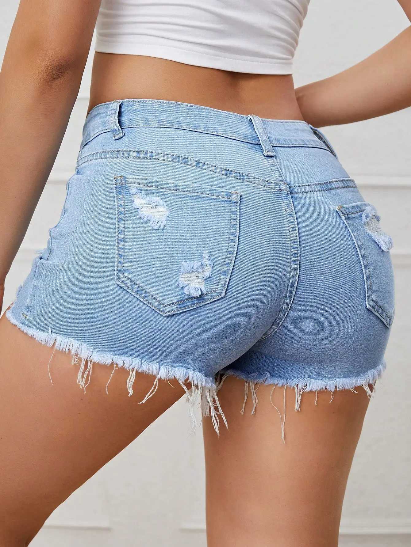 Ripped Raw Denim Shorts For Women Fashion A-line Hem Female Summer Hot Pants Streetwear Blue Clothing Skinny Sexy Retro Leisure M260319