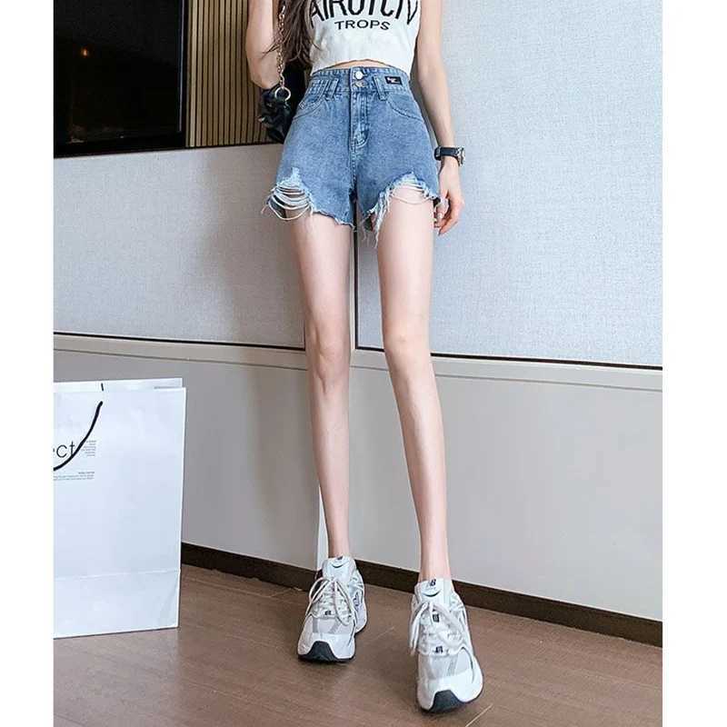 Summer Girls Korean Ripped Casual Jeans Women Blue Thin A-line Short Pants Female High Waist Baggy Mini Pants M260319