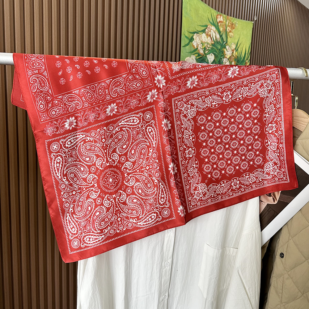 Spring new red silk scarf, featuring a fashionable Chinese style. The scarf is in a square design and can be used for neck protection as well as as a 