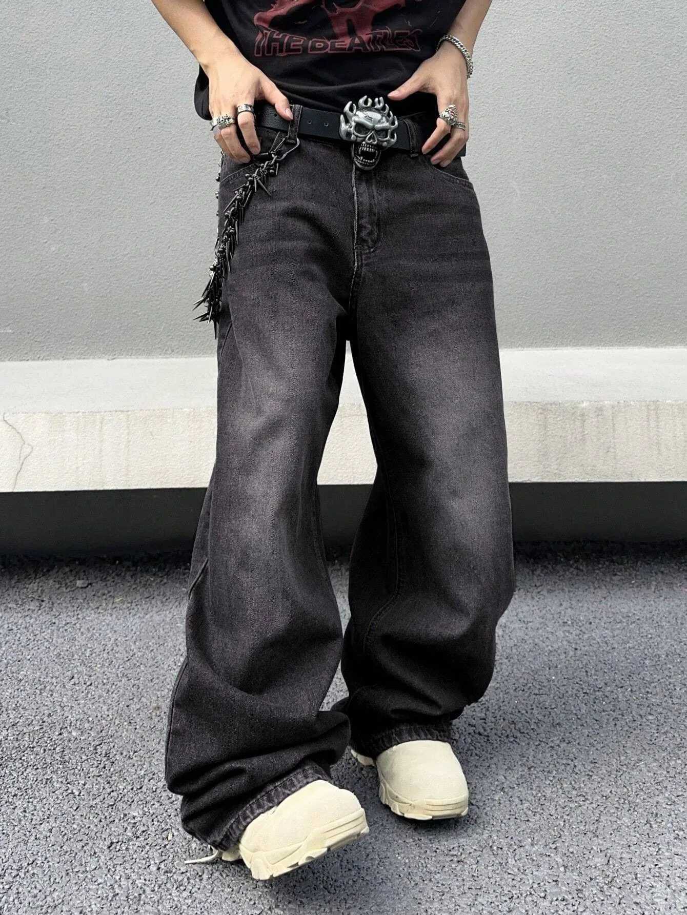 1Pc Mens Daily Travel Casual American Street Loose Jeans Black Light Blue Sea Blue Fashion Street Style Retro Lantern Jeans Denim Pants M260319