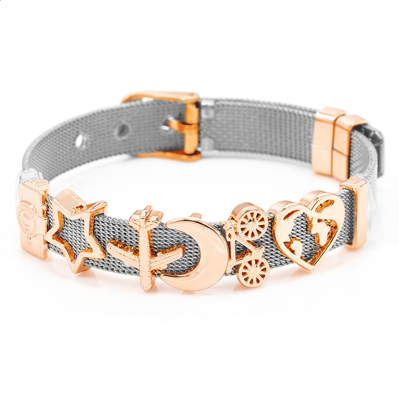 Charm Bracelets DINGLLY Two tone Stainless Steel Mesh For Women Men Golden Love Heart Beaded 10mm Ribbon Bracelet Bangle Gifts 230424