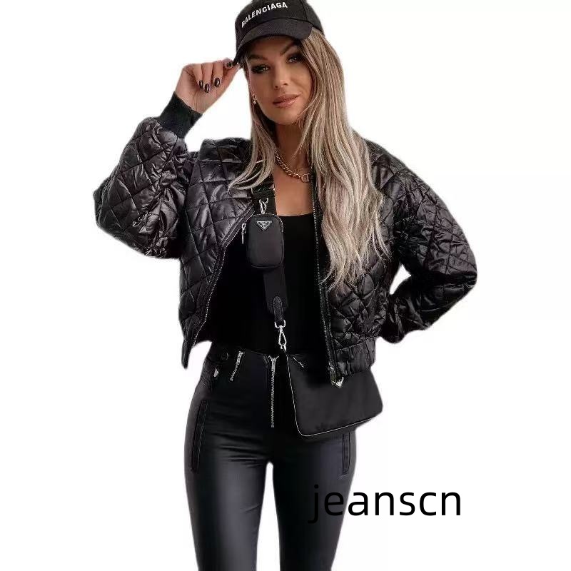 Womens Jackets Streetwear Woven Faux Leather Cropped Puffer Women 2024 Fall Winter Warm Long Sleeve Goth Motorcycle Bomber Coat Outwear