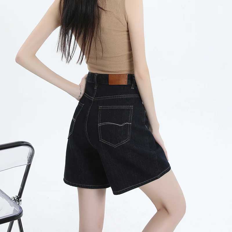 Womens Dark Blue High Waist Denim Shorts Loose Wide Leg Design Sense Niche Vintage Style M260319