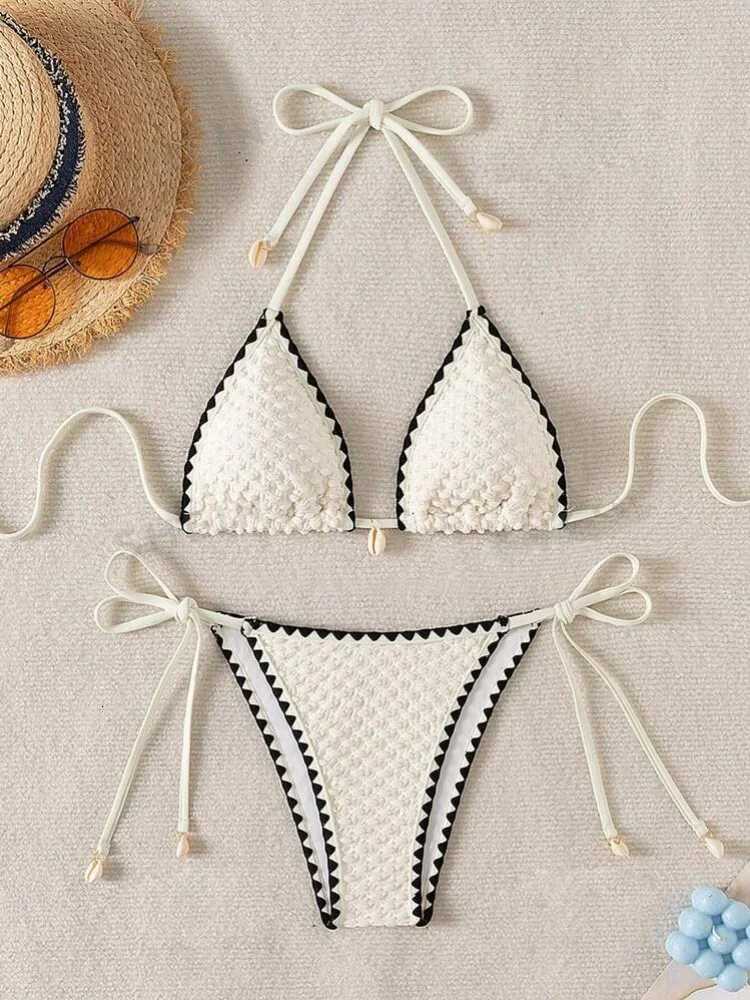 Sexy White Contrast Bikinis Sets 2025 Women Shell Ornament Push Up Tie Side Thong Swimsuit Summer Bathing Suit Micro SwimwearT260318