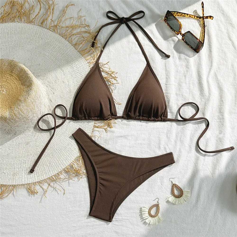 Brown String Halter Triangle Bikini Ribbed Solid Swimwears Sexy Swimsuit Women 2026 Padded Bikinis Sets Bathing Swimming SuitT260318