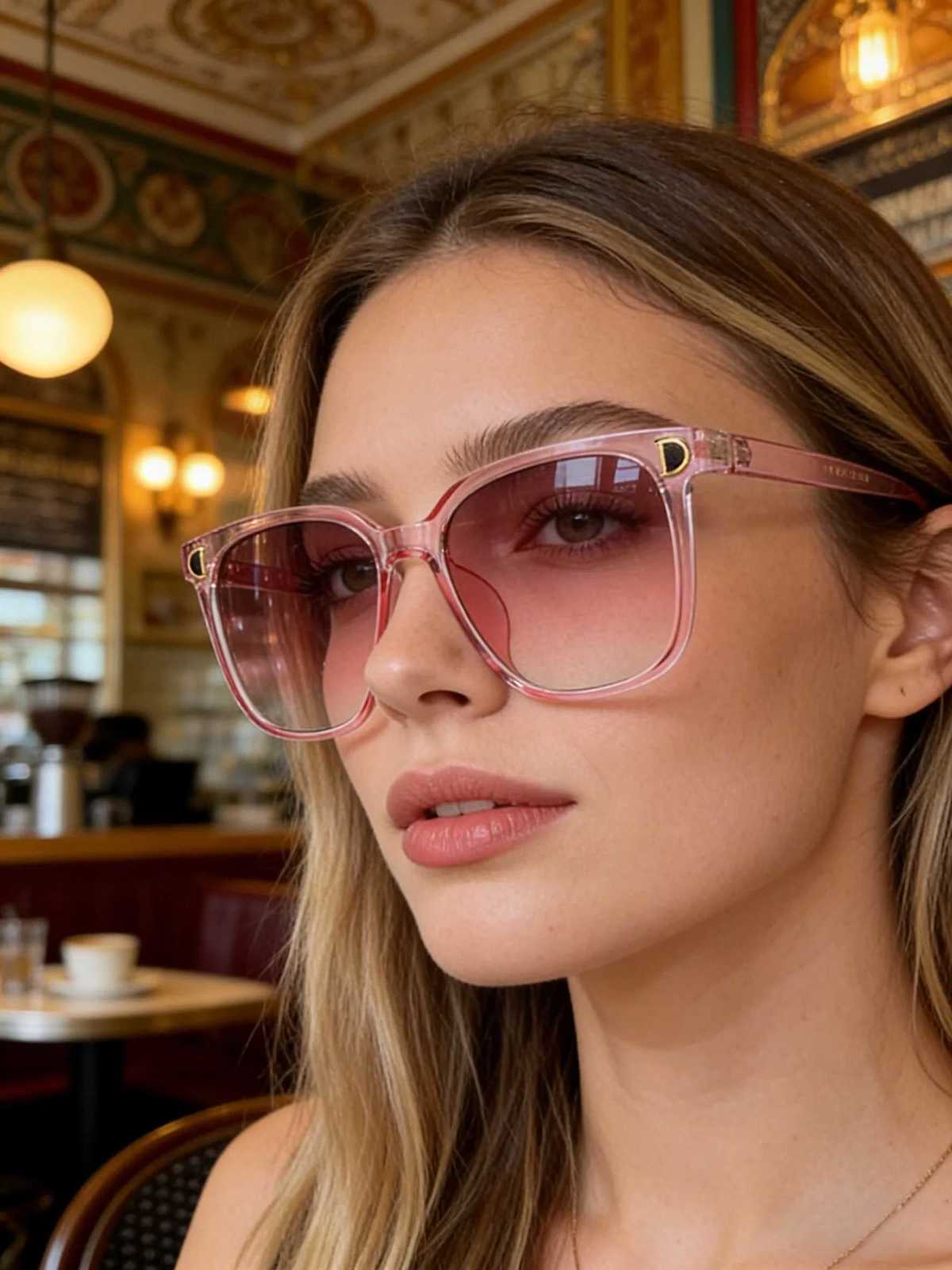 Womens Pink UV Protection Sunglasses D-Shaped Accent Face-Slimming for Big Faces Stylish Versatile Sun Shades H260319