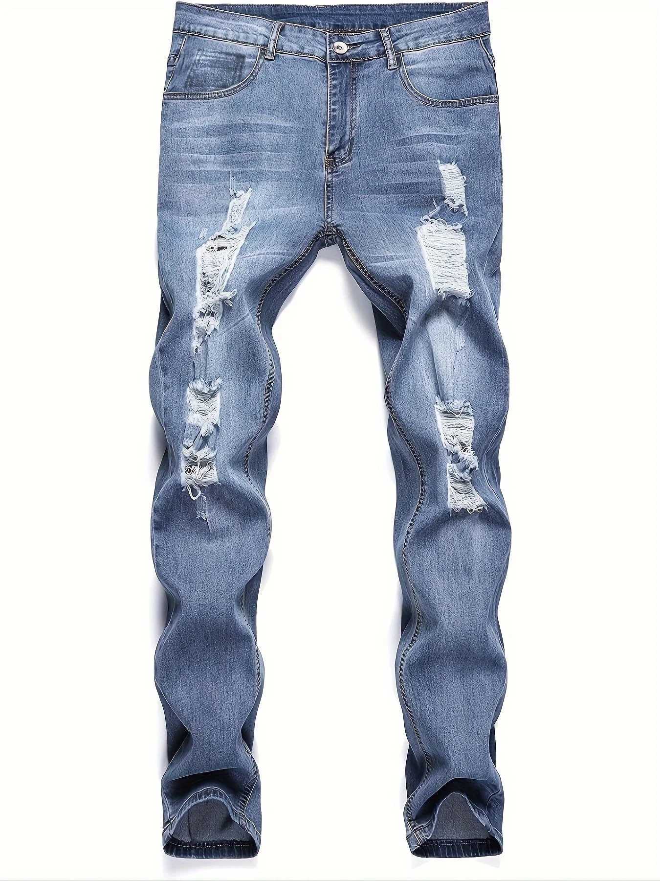 Mens Slim Fit Ripped Straight-Leg Jeans Slim Stretch Jeans Versatile Street-Style Jeans M260319
