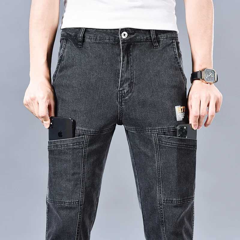 Fashion 6 Pockets Design Jeans Mens Blackgray Blue Stretch Straight Casual Denim Trousers Brand Clothing Cotton Male Pants M260319