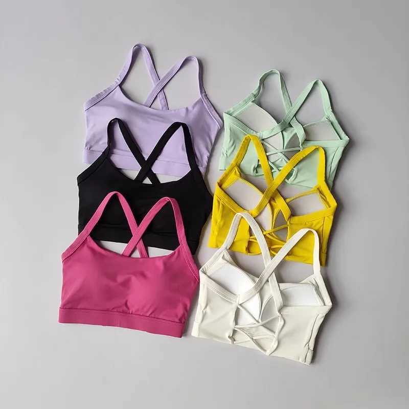 Womens Solid Color Yoga Underwear Fitness Bra Soft Cross Back Push-Up Gym Sports Top with Chest Pad Yoga Vest Sport Crop Top Z20260319