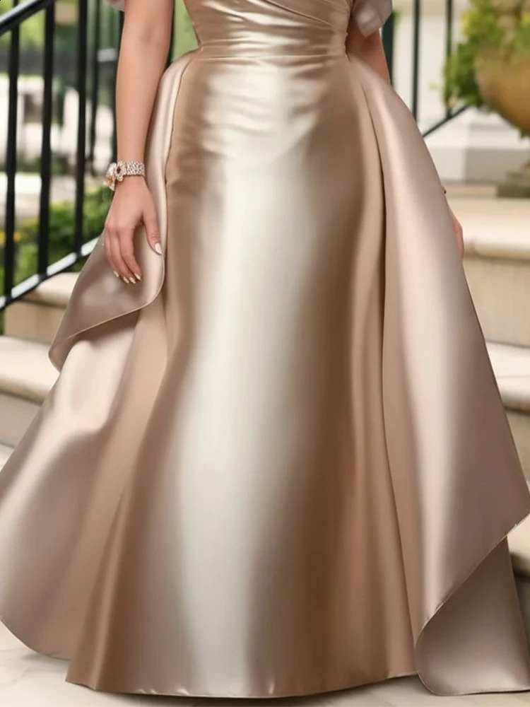 Plus Size Satin Evening Dress for Womens Off Shoulder Puff Sleeve Solid Elegant Cocktail Wedding Guest Maxi Dresses 260317