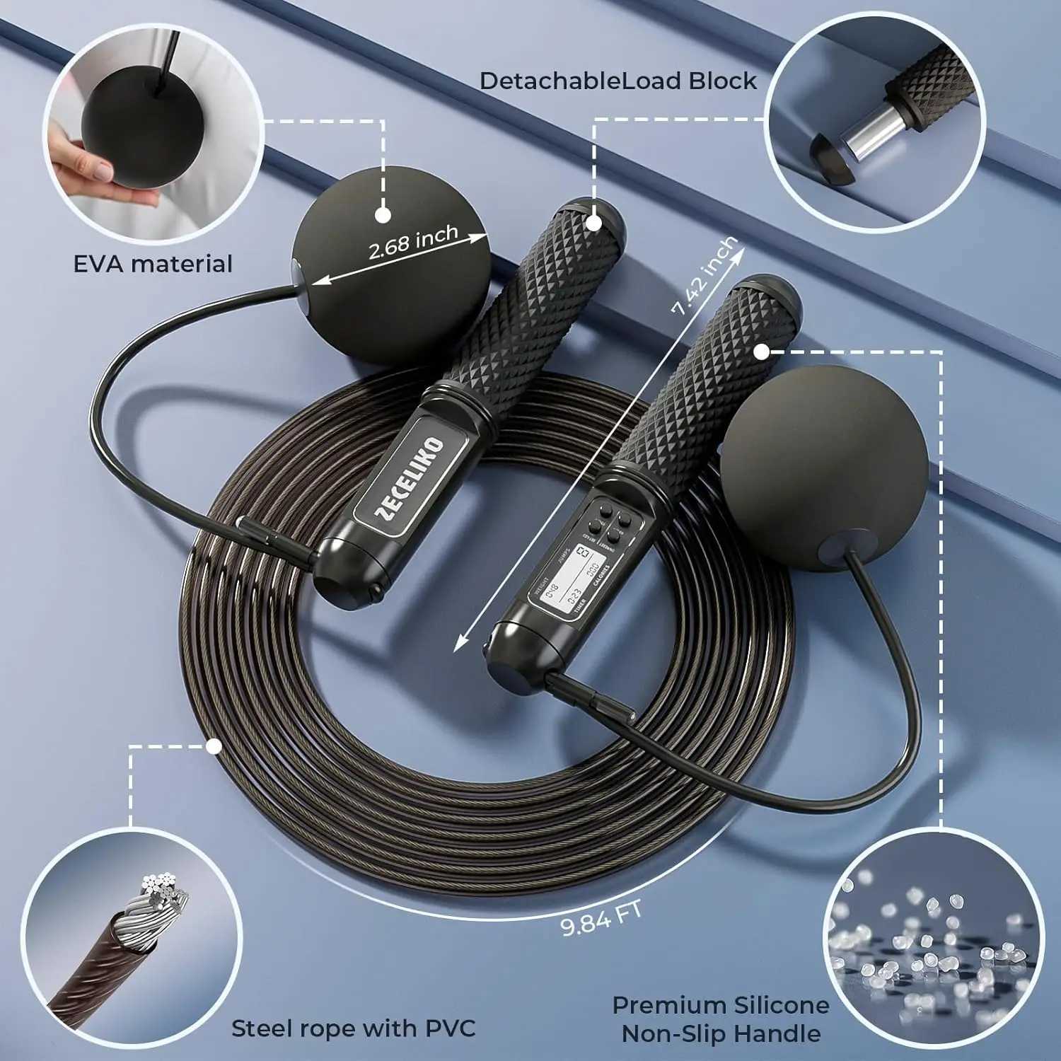 Smart LED Jump Rope with Counter Adjustable Steel Wire for Home Gym HIIT Tracks Jumps Calories Time M260319