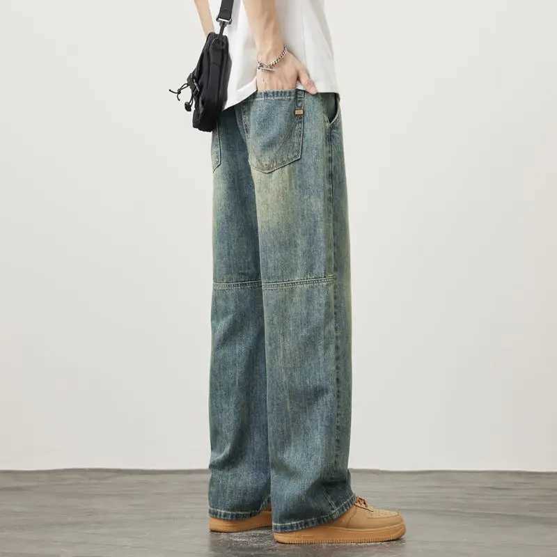 Jeans Fashionable Splicing Design Straight Wide-leg Pants Korean RETRO Street Baggy Denim Trousers Mens Baggy Pants M260319