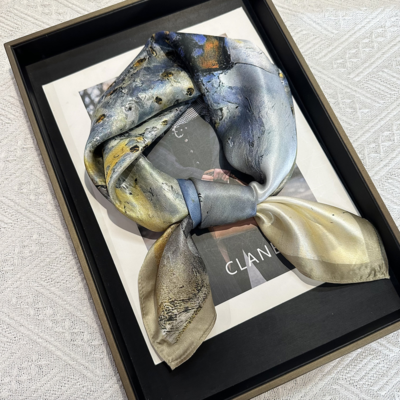 Spring sheer scarf with elegant fashion touch - ballet girl style. Exquisite printed 100% mulberry silk scarf for neck protection, small headscarf.