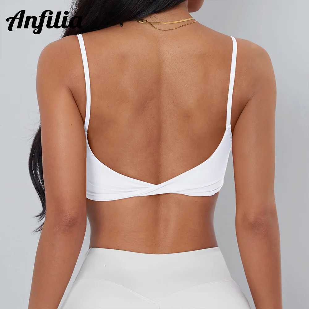 Anfilia Women Sports Bra Spaghetti Straps Backless Gym Bra High Elastic Square Neck Removable Padding Workout Top Z20260319