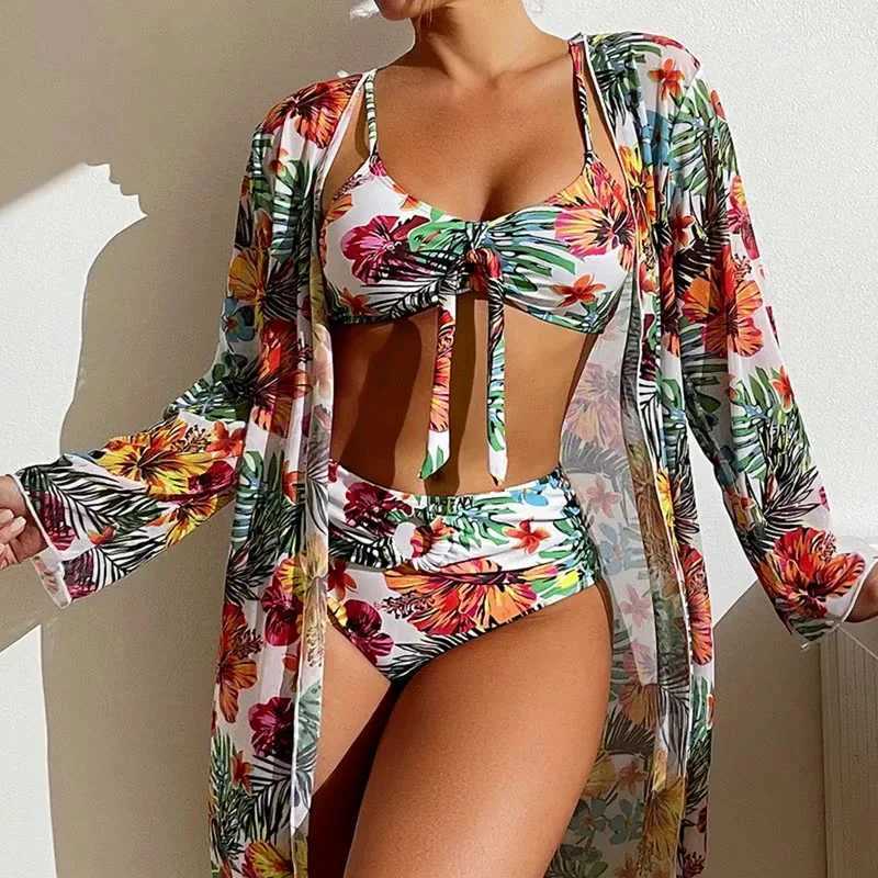 Sexy High Waisted Bikini 3 Pieces Floral Printed Swimsuit Size 3XL-S Women Bikini Set With Mesh Long-Sleeved Blouse Super SalesT260318