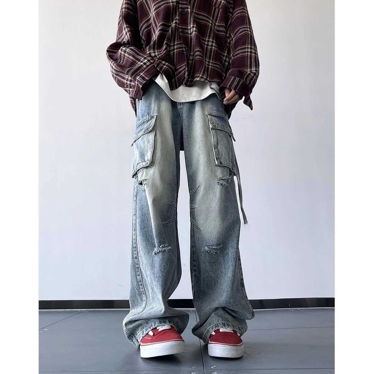 Cargo jeans men Autumn NEW Fashion Burrs Vintage Blue Streetwear Casual Denim Pants Unisex Hip Hop Patchwork Jean Pants M260319