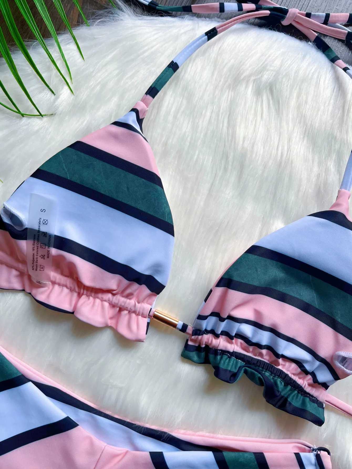 Striped print womens sexy bikini swimsuit split set with straps and tassels 2-piece set summer beach swimsuitT260318