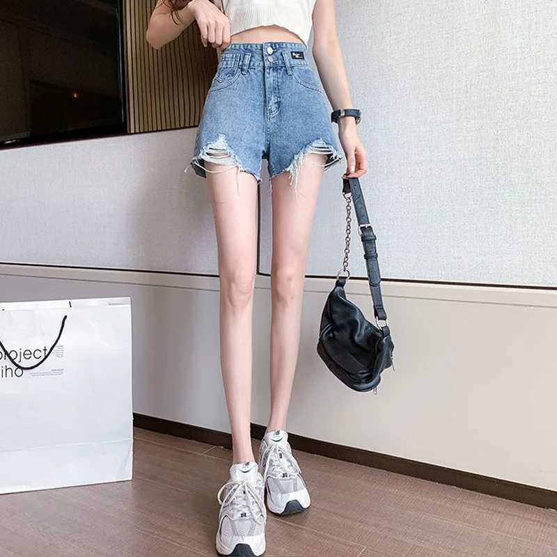 Summer Girls Korean Ripped Casual Jeans Women Blue Thin A-line Short Pants Female High Waist Baggy Mini Pants M260319