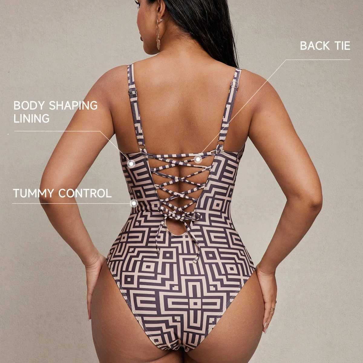 Sexy Coffee Geometry Print One Piece Swimsuit 2026 Women Underwire Push Up Bandage Back Cross Slim Fit Bathing Suit SwimwearT260318