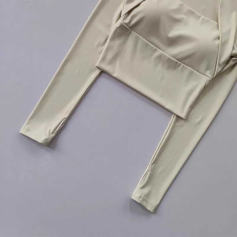 Womens yoga and fitness long sleeved top with camisole and chest cushion quick drying short sports top yoga suit Z20260319