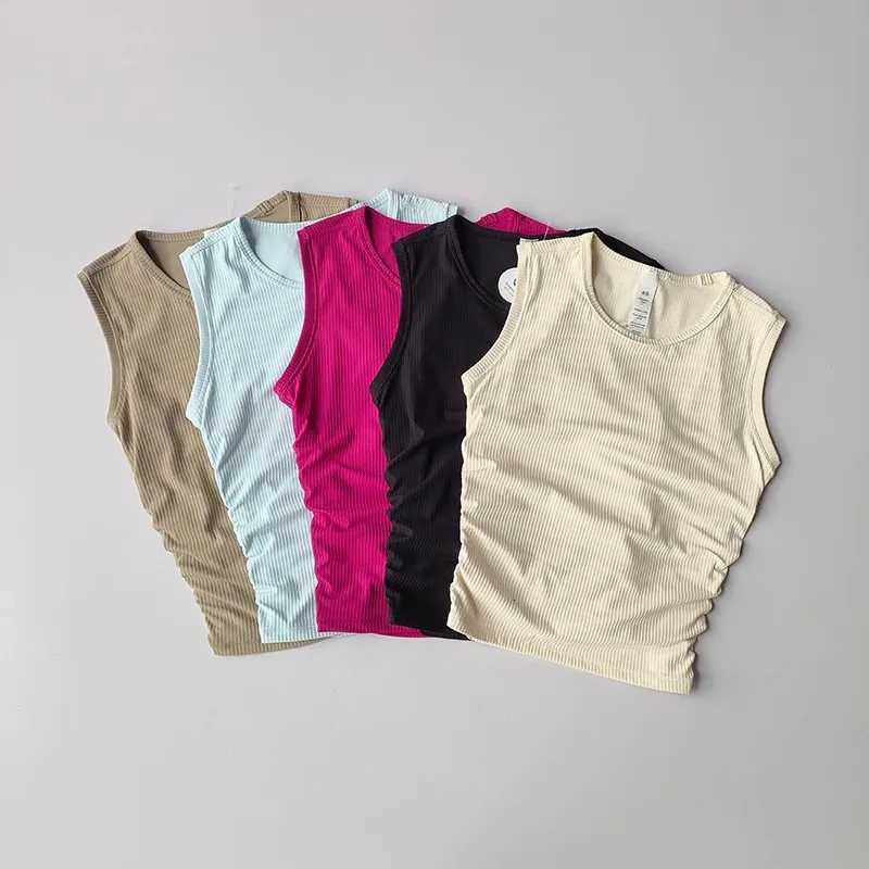 Womens Summer Nude I-Shaped Yoga Sports Vest Slimming Quick Dry Pleated Top for Fitness And Sports Activity Z20260319