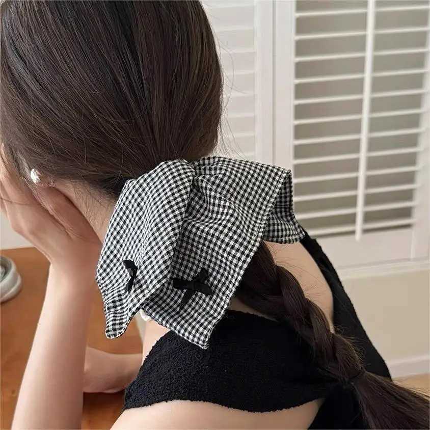 Square Large Black White Checkered Striated Leopard Print Bowknot Heart Intestine Hair Ties for Women Fashion Temperament Scarf H260319