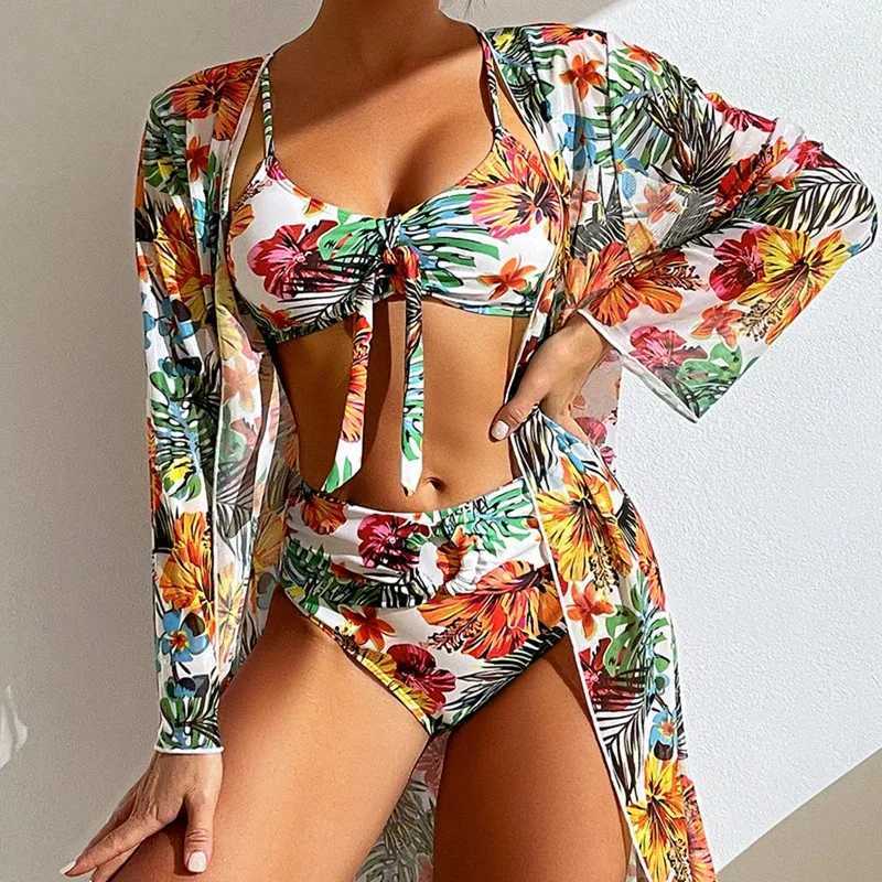 Sexy High Waisted Bikini 3 Pieces Floral Printed Swimsuit Size 3XL-S Women Bikini Set With Mesh Long-Sleeved Blouse Super SalesT260318