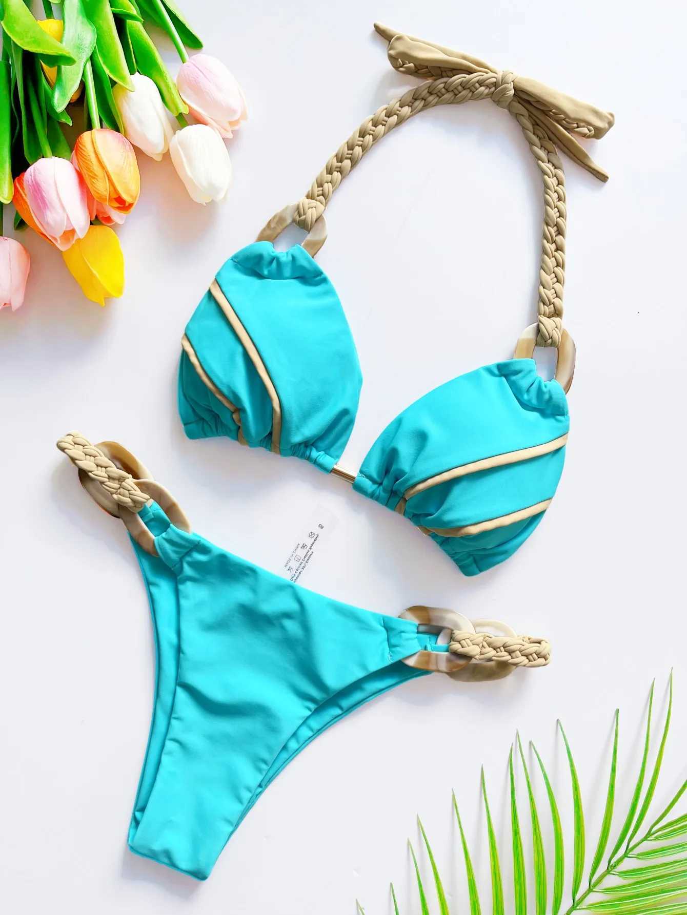 Weave triangle swimsuit lady biquinis Brazilian women bikini ring sexy bathing suit 2025 two pieces suits Halter micro swimwearT260318