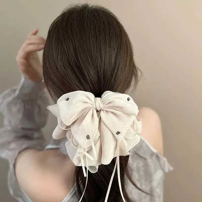 2025 New Fashion White Black Mesh Bowknot Ribbon Hair Claw For Women Elegant Solid Color Ponytail Clip Headwear Hair Accessories H260319