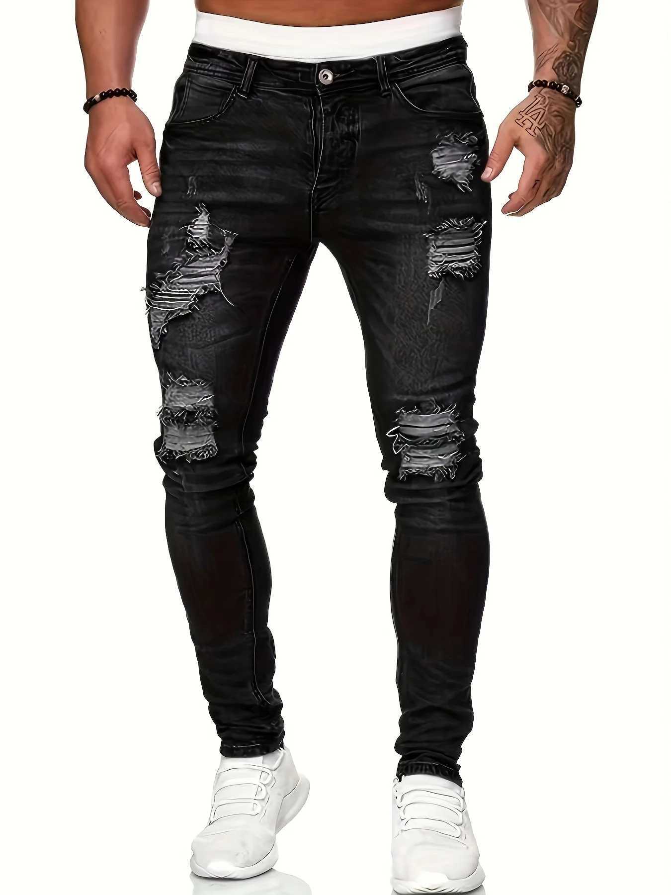 Mens Slim Fit Ripped Straight-Leg Jeans Slim Stretch Jeans Versatile Street-Style Jeans M260319