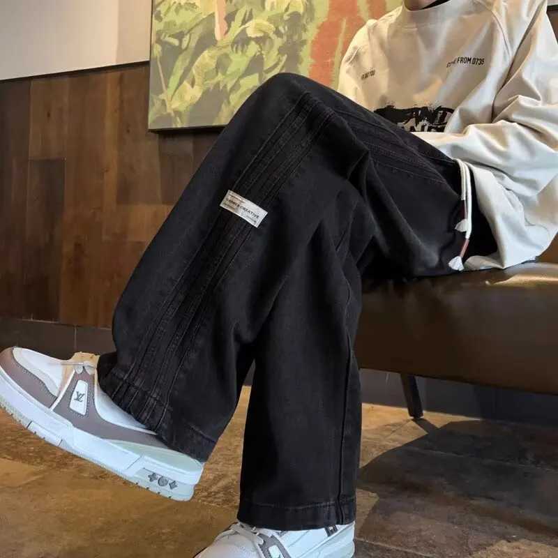 Three bar American retro jeans mens spring and autumn new style high street elastic waist loose casual mens straight leg long M260319