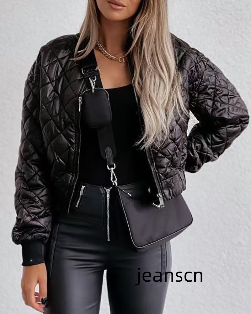 Womens Jackets Streetwear Woven Faux Leather Cropped Puffer Women 2024 Fall Winter Warm Long Sleeve Goth Motorcycle Bomber Coat Outwear