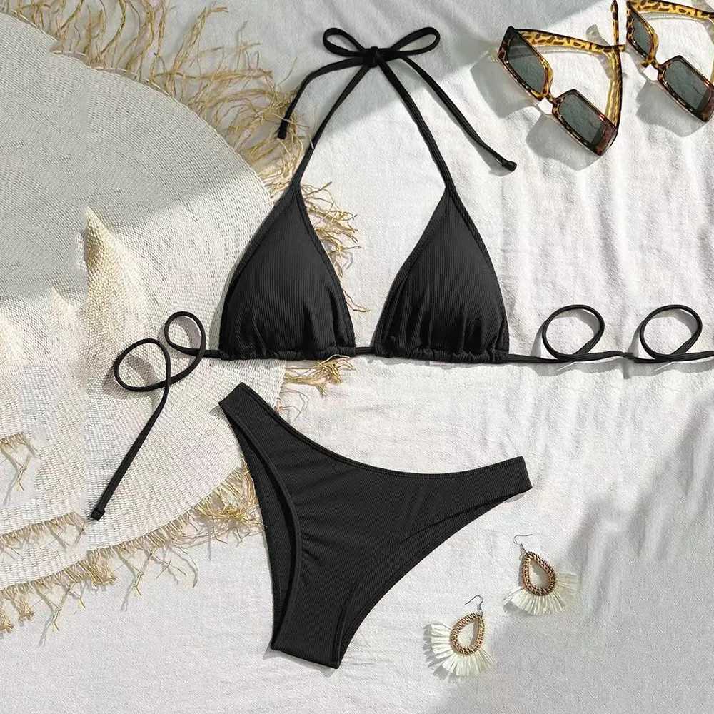 Brown String Halter Triangle Bikini Ribbed Solid Swimwears Sexy Swimsuit Women 2026 Padded Bikinis Sets Bathing Swimming SuitT260318