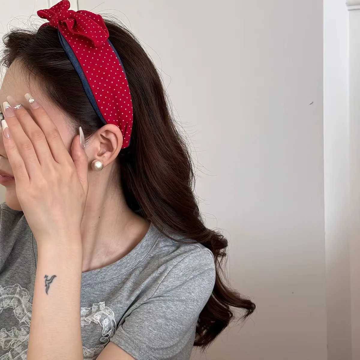 1pc Korean new polka dot denim bow wide edge headband collision sweet headband compression hair hairpin for women H260319